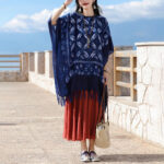Buddha Stones Blue Flower Indigo Dyeing Shawl Tassels Cozy Pullover 90*95cm 10