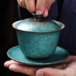 Buddha Stones Traditional Pine Tree Green Ceramic Gaiwan Sancai Teacup Kung Fu Tea Cup And Saucer With Lid Cup BS 11.3cm*9.5cm*150ml