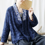 Buddha Stones Flower Jacquard V-Neck Long Sleeve Jacket 25