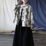 Buddha Stones Black Gray Print Frog-button Design Long Sleeve Cotton Linen Jacket Shirt With Pockets Women's Shirts BS 33