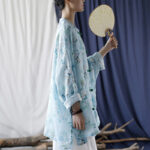 Buddha Stones Light Green Pink Flowers Green Leaves Frog-Button Long Sleeve Ramie Linen Jacket Shirt 3