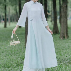 Buddha Stones Three Quarter Sleeve Chiffon Cheongsam Midi Dress Wide Leg Pants Meditation Zen Practice Clothing Women's Meditation Cloth BS Dress Only US8/10/2XL