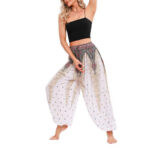 Buddha Stones Peacock Feather Pattern Loose Harem Trousers Women's Yoga Pants Women's Harem Pants BS Beige(Waist 60-95cm/Hips 170cm/Length 98cm)