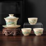 Buddha Stones A Panorama of Rivers and Mountains Flowers Ceramic Gaiwan Sancai Teacup Kung Fu Tea Cup And Saucer With Lid Cup BS 4PCS A Panorama of Rivers and Mountains(1PC 12cm*9cm*100ml&3PCS 6.5*4cm*40ml)