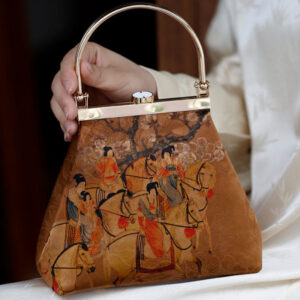 Buddha Stones Painting of Lady of Guoguo on a Spring Outing Metal Handle Handbag Handbags BS Brown 19*16.5*9.5cm