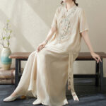 Buddha Stones 2Pcs Flower Embroidery Short Sleeve Tee T-shirt Wide Leg Pants Set 2-Piece Outfit BS 4