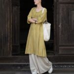 Buddha Stones Handmade Tie Dye Ramie Linen Frog-Button Midi Dress Wide Leg Pants With Pockets Midi Dress&Wide Leg Pants BS 26