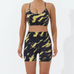 Buddha Stones 2Pcs Camo Print Backless Criss-Cross Strap Top Bra Shorts Leggings Pants Fitness Yoga Outfit Set 2-Piece Outfit BS Yellow Black 2Pcs(Top&Shorts) L