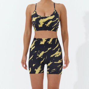 Buddha Stones 2Pcs Camo Print Backless Criss-Cross Strap Top Bra Shorts Leggings Pants Fitness Yoga Outfit Set 2-Piece Outfit BS Yellow Black 2Pcs(Top&Shorts) L