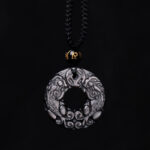 Buddha Stones Natural Silver Sheen Obsidian Double PiXiu Copper Coin Peace Buckle Protection Necklace Pendant Necklaces & Pendants BS 7