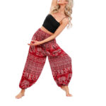 Buddha Stones Elephant Geometry Pattern Casual Loose Harem Trousers Women's Yoga Pants Women's Harem Pants BS Red(Waist 60-95cm/Hips 170cm/Length 98cm)