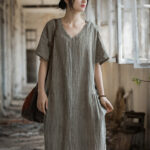 Buddha Stones Handmade Tie Dye V-Neck Midi Dress Linen Short Sleeve Dress 19