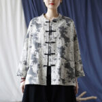 Buddha Stones Black Gray Print Frog-button Design Long Sleeve Cotton Linen Jacket Shirt With Pockets Women's Shirts BS 17