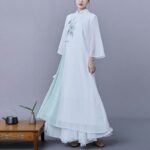 Buddha Stones 2Pcs Flower Three Quarter Sleeve Midi Dress Skirt Chiffon Zen Clothing Women's Set Women's Meditation Cloth BS 2