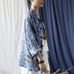Buddha Stones Retro Blue White Flowers Frog-Button Design Long Sleeve Ramie Linen Jacket Shirt 3