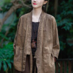 Buddha Stones Hanfu Design Three Quarter Sleeve Ramie Linen Coat Open Front Top Jacket Coat BS 17