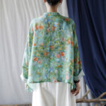 Buddha Stones Pink Flowers Green Leaves Print Frog-button Design Long Sleeve Ramie Linen Jacket Shirt Women's Shirts BS 31