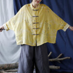 Buddha Stones Yellow Phoenix Print Frog-button Design Long Sleeve Ramie Linen Jacket Shirt Women's Shirts BS 14