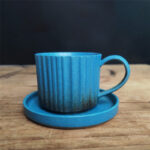 Buddha Stones Retro Striped Kiln Change Ceramic Coffee Mug Rough Pottery Tea Coffee Cup With Saucer 250ml Coffee Mug BS Blue 12cm*8.5cm*7cm*250ml