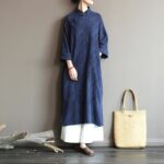 Buddha Stones Flower Jacquard Midi Dress Long Sleeve Cotton Linen Dress Wide Leg Pants With Pockets 2