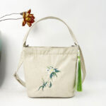 Buddha Stones Embroidery Wisteria Plum Lotus Cherry Blossom Cotton Linen Canvas Tote Crossbody Bag Shoulder Bag Handbag Crossbody Bag BS Beige Flower Pear Flower 19*20*10cm