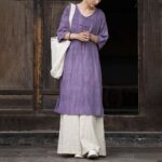 Buddha Stones Handmade Tie Dye Ramie Linen Frog-Button Midi Dress Wide Leg Pants With Pockets Midi Dress&Wide Leg Pants BS 2