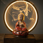 Buddha Stones Buddha Lotus Backflow Smoke Fountain Ceramic Blessing Incense Burner With Light Decoration Incense Burner BS Red Buddha