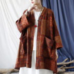 Buddha Stones Orange Flower Geometry Print Cotton Open Front Jacket With Pockets 19