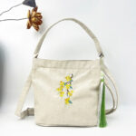 Buddha Stones Embroidery Wisteria Plum Lotus Cherry Blossom Cotton Linen Canvas Tote Crossbody Bag Shoulder Bag Handbag Crossbody Bag BS Beige Osmanthus 19*20*10cm