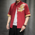 Buddha Stones Frog-Button Chinese Dragon Auspicious Cloud Embroidery Half Sleeve Shirt Cotton Linen Men Clothing Men's Shirts BS 18