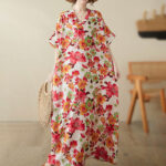 Buddha Stones Red Blue Green Flowers Midi Dress Cotton Half Sleeve Dress With Pockets Midi Dress BS 2
