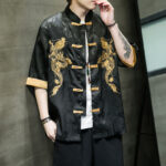 Buddha Stones Frog-Button Chinese Dragon Embroidery Half Sleeve Shirt Linen Men Clothing Men's Shirts BS 4