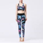Buddha Stones 2Pcs Sunflower Flowers Leaves Print Top Pants Sports Fitness Yoga Women's Yoga Sets Women's Yoga Sets BS Black Blue Leaves XL(Bust 82cm/Waist 72cm/Hips 87cm)