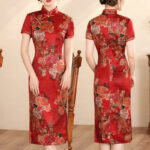 Buddha Stones Retro Flower Lotus Peony Feather Print Qipao Dress Women's Cheongsam Dress Cheongsam Dresses BS Red Peony Suitable for Weight 77.5kg