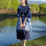 Buddha Stones Blue Striped Floral Indigo Dyeing Shawl Tassels Cozy Pullover 90*95cm 7