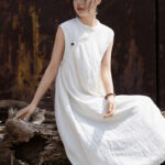 Buddha Stones Handmade Tie Dye Midi Dress Linen Sleeveless Dress 17