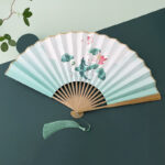 Buddha Stones Retro Lotus Flower Leaf Mountain Lake Handheld Folding Fan With Bamboo Frames Folding Fan BS Lotus Flower Leaf Brown Bamboo Frames