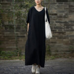 Buddha Stones Solid Color V-Neck Half Sleeve Ramie Linen Midi Dress With Pockets Midi Dress BS Black F(Fit for US4-14; UK/AU8-18; EU36-46)