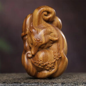Buddha Stones Mini Nine-Tailed Fox Green Sandalwood Peace Decoration Car Hanging Decoration Decorations BS Large Green Sandalwood Nine-Tailed Fox 6.8*4.1*2.9cm