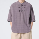 Buddha Stones Frog-Button Plaid Pattern Chinese Tang Suit Half Sleeve Shirt Cotton Linen Men Clothing Men's Shirts BS RosyBrown 5XL(Fit for US/UK/AU48; EU58)