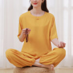 Buddha Stones 2Pcs Half Sleeve T-Shirt Pants Meditation Zen Tai Chi Cotton Linen Clothing Unisex Set Women's Meditation Cloth BS Yellow(Top&Pants) 4XL(Bust 138cm/Waist 80cm/Hips 124cm)