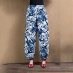 Buddha Stones Blue Tree Flowers Print Harem Pants With Pockets Women's Harem Pants BS Blue Flowers(Waist 63-100cm/Hips 122cm/Length 92cm)