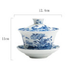 Buddha Stones Blue And White Porcelain Lotus Koi Fish Lion Dance Watermelon Ceramic Gaiwan Sancai Teacup Kung Fu Tea Cup And Saucer With Lid 300ml Cup BS 9