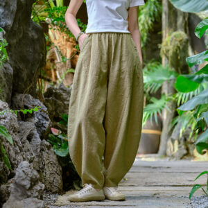 Buddha Stones Solid Color Loose Yoga Harem Pants With Pockets Harem Pants BS Khaki(Waist 66-96cm/Hips 122cm/Length 98cm)