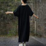 Buddha Stones Solid Color V-Neck Half Sleeve Ramie Linen Midi Dress With Pockets Midi Dress BS 12