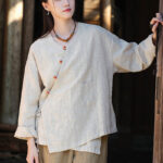 Buddha Stones Solid Color Ramie Linen Loose Blouse Long Sleeve Shirt Chinese Hanfu Top Long Sleeve Shirt BS 2