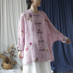 Buddha Stones Pink Flower Print Frog-button Design Batwing Long Sleeve Ramie Linen Jacket Shirt Women's Shirts BS 35