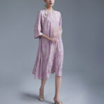 Buddha Stones Small Flower Leaf Jacquard Chinese Cheongsam Qipao Midi Dress With Pockets Cheongsam Dresses BS 7