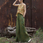Buddha Stones Green Yellow Ramie Linen Flexible Waistband Wide Leg Pants With Pockets Women's Wide Leg Pants BS 21