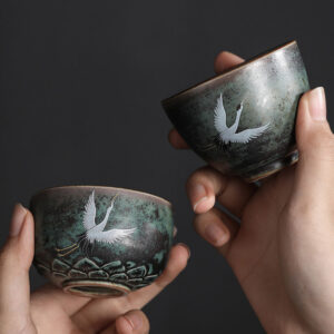 Buddha Stones Auspicious Crane Ceramic Teacup Kung Fu Tea Cup Bowl Cup BS main